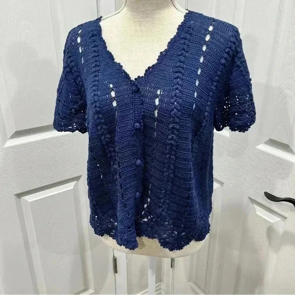 Vintage Kroshetta by papillon crochet button front sweater in dark blue❤️ - Picture 3 of 9
